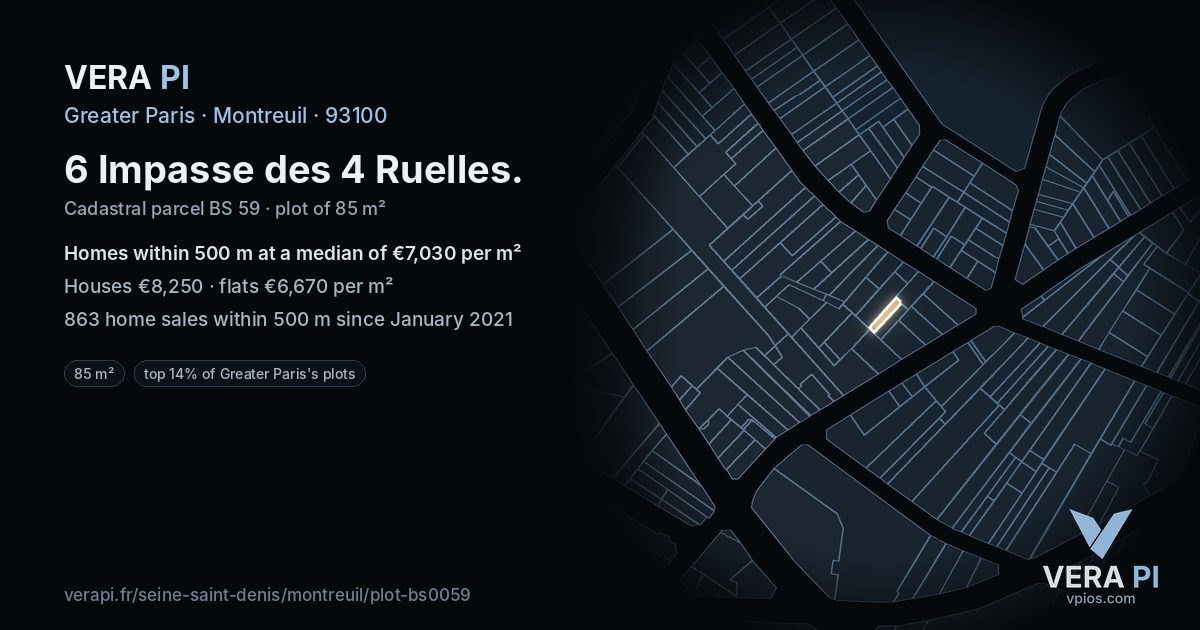 6 Impasse des 4 Ruelles, Montreuil at night – the plot lit, the parcels around coloured by the prices near them