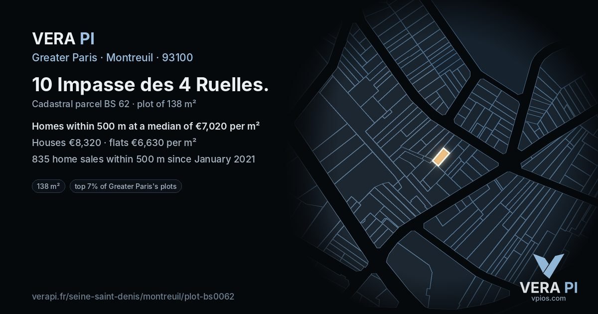 10 Impasse des 4 Ruelles, Montreuil at night – the plot lit, the parcels around coloured by the prices near them