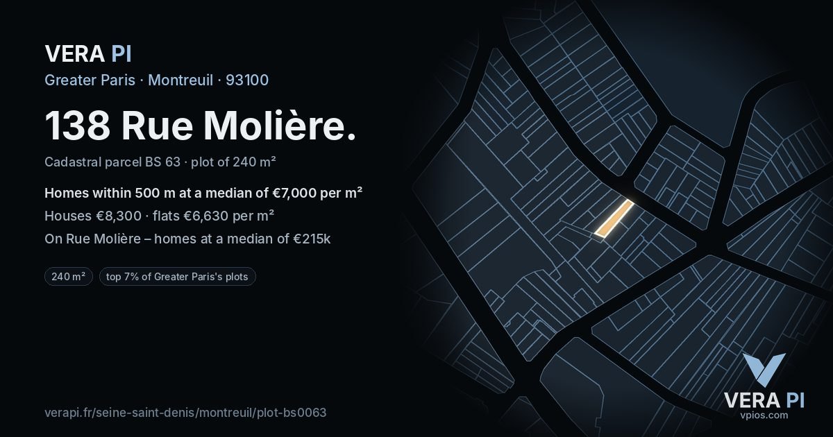 138 Rue Molière, Montreuil at night – the plot lit, the parcels around coloured by the prices near them