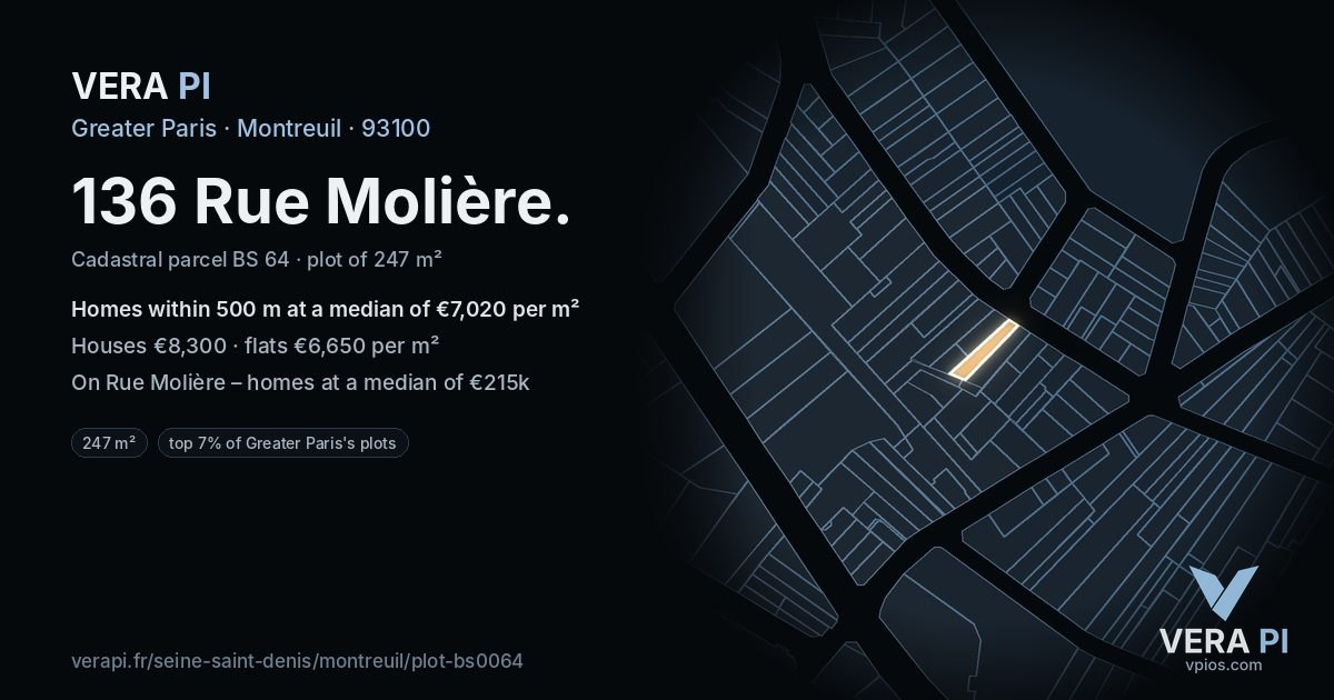 136 Rue Molière, Montreuil at night – the plot lit, the parcels around coloured by the prices near them