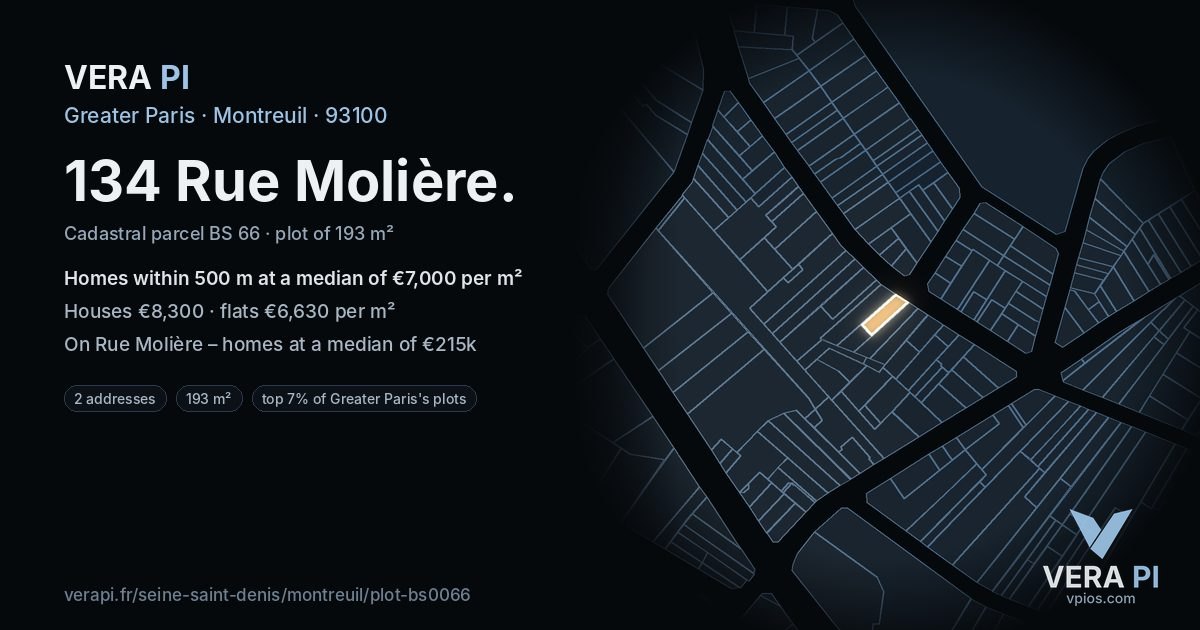 134 Rue Molière, Montreuil at night – the plot lit, the parcels around coloured by the prices near them