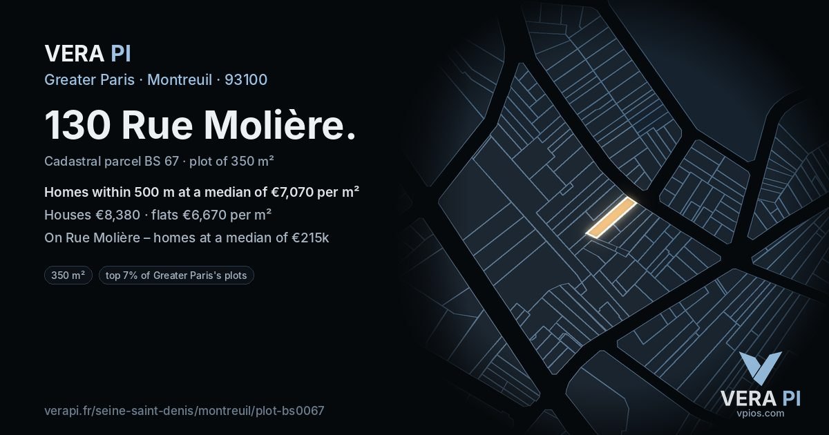 130 Rue Molière, Montreuil at night – the plot lit, the parcels around coloured by the prices near them
