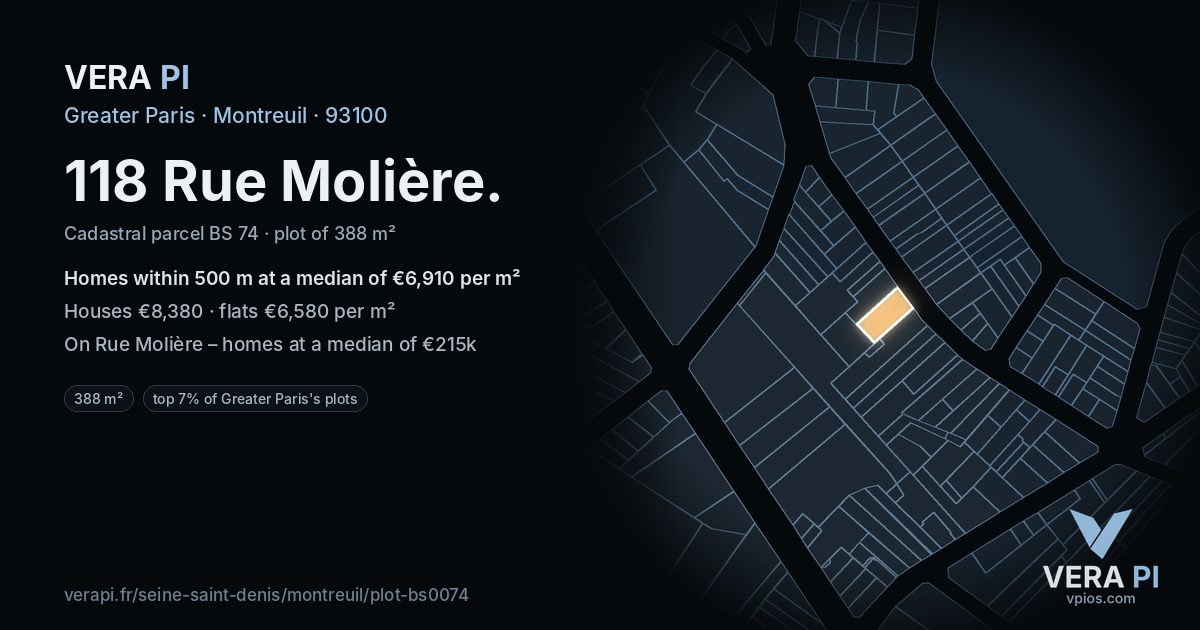 118 Rue Molière, Montreuil at night – the plot lit, the parcels around coloured by the prices near them