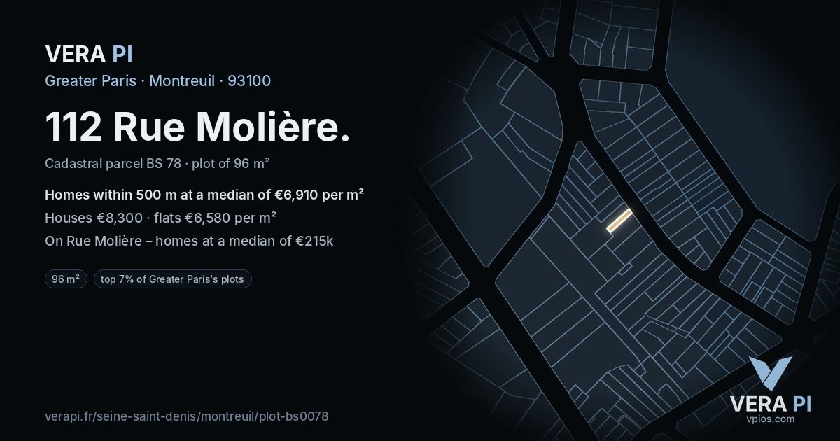 112 Rue Molière, Montreuil at night – the plot lit, the parcels around coloured by the prices near them