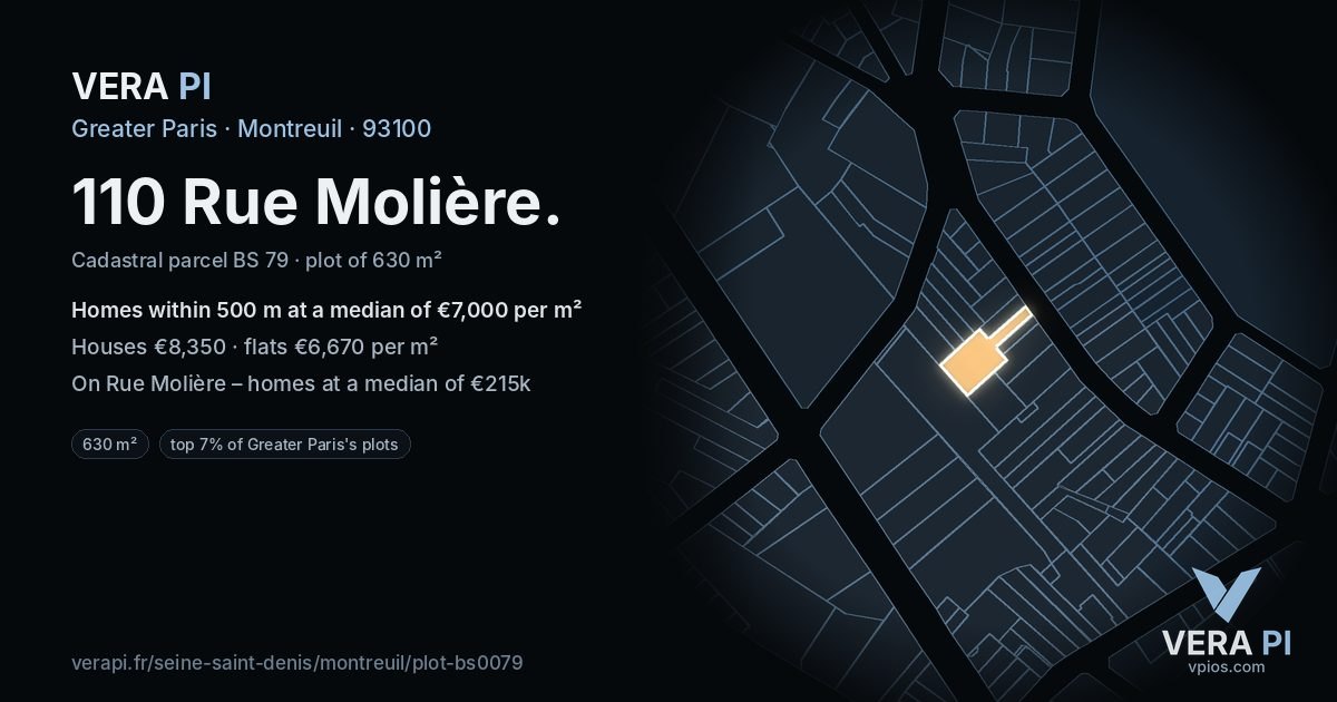 110 Rue Molière, Montreuil at night – the plot lit, the parcels around coloured by the prices near them