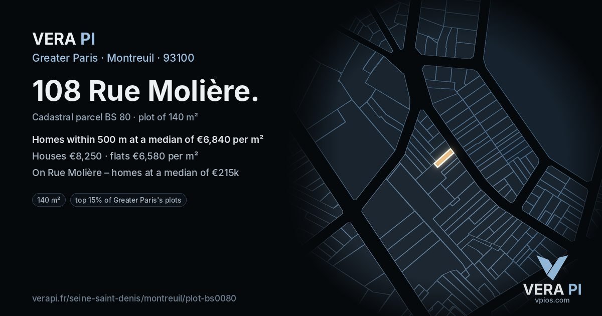 108 Rue Molière, Montreuil at night – the plot lit, the parcels around coloured by the prices near them