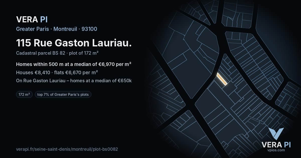 115 Rue Gaston Lauriau, Montreuil at night – the plot lit, the parcels around coloured by the prices near them