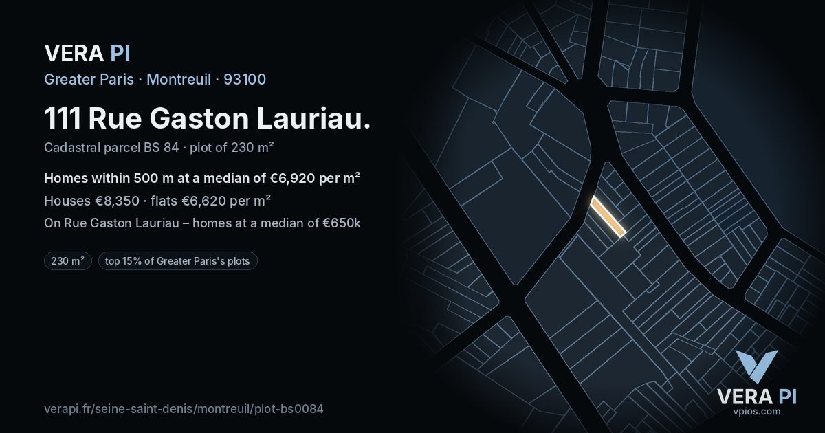 111 Rue Gaston Lauriau, Montreuil at night – the plot lit, the parcels around coloured by the prices near them