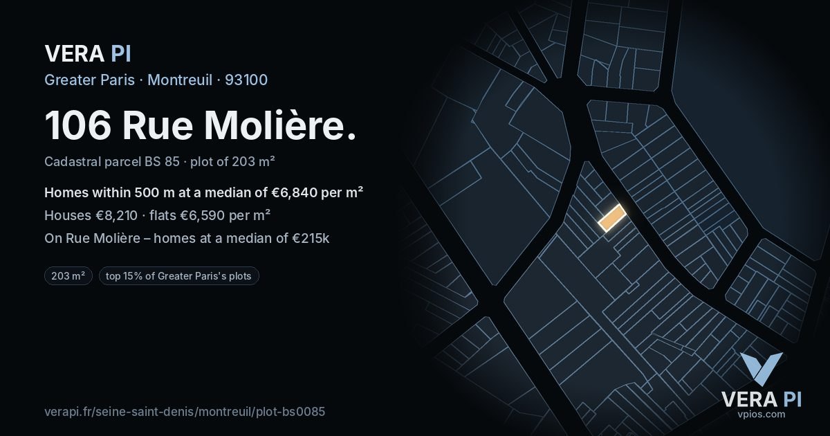106 Rue Molière, Montreuil at night – the plot lit, the parcels around coloured by the prices near them