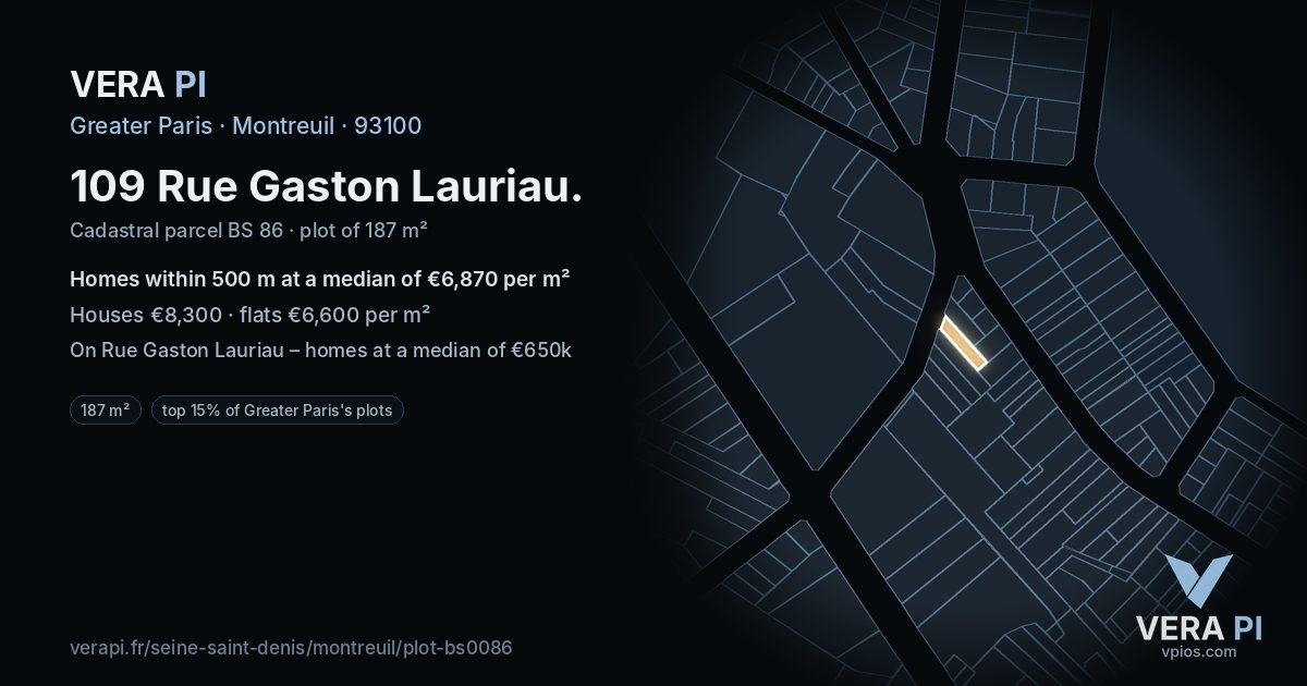 109 Rue Gaston Lauriau, Montreuil at night – the plot lit, the parcels around coloured by the prices near them