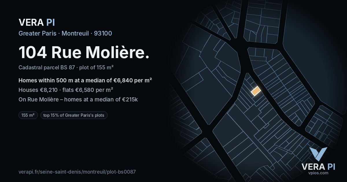 104 Rue Molière, Montreuil at night – the plot lit, the parcels around coloured by the prices near them