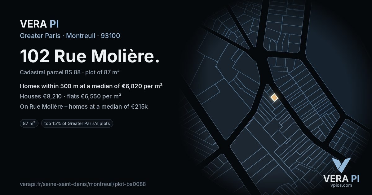 102 Rue Molière, Montreuil at night – the plot lit, the parcels around coloured by the prices near them