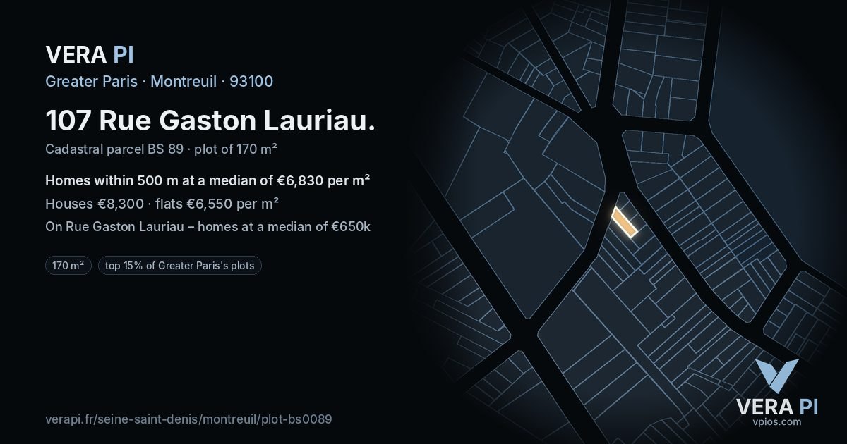 107 Rue Gaston Lauriau, Montreuil at night – the plot lit, the parcels around coloured by the prices near them