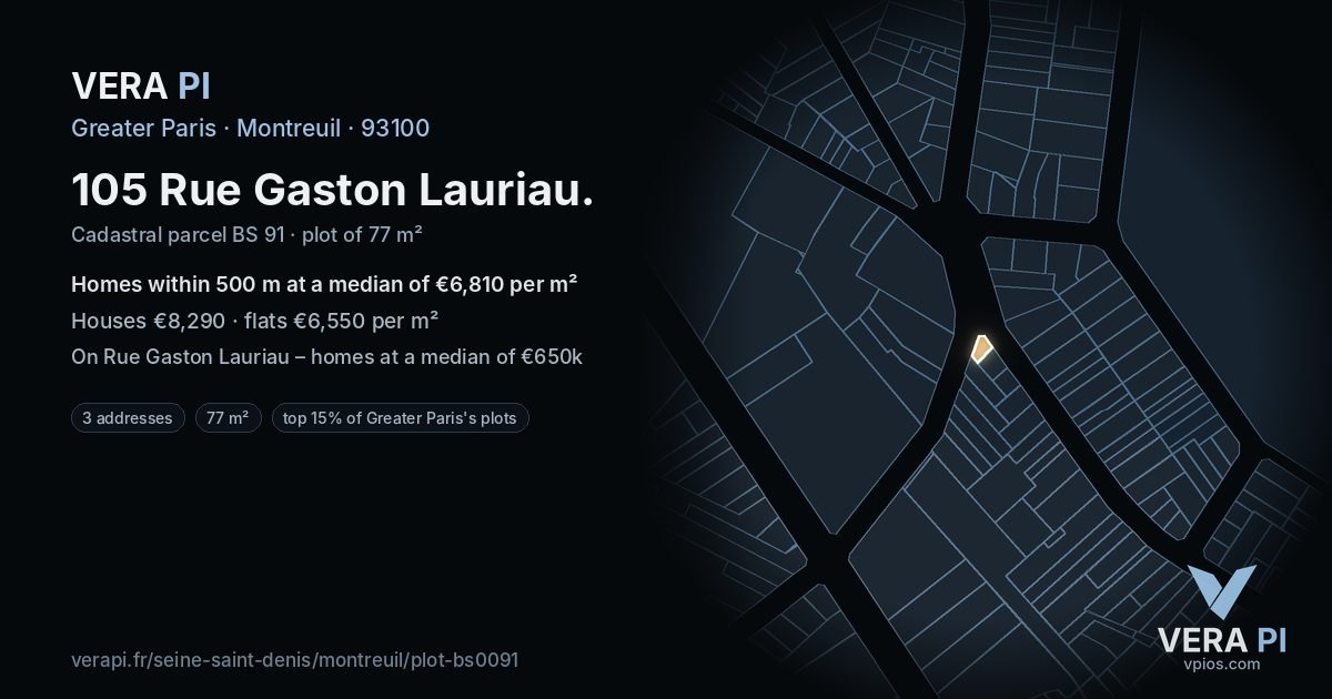 105 Rue Gaston Lauriau, Montreuil at night – the plot lit, the parcels around coloured by the prices near them