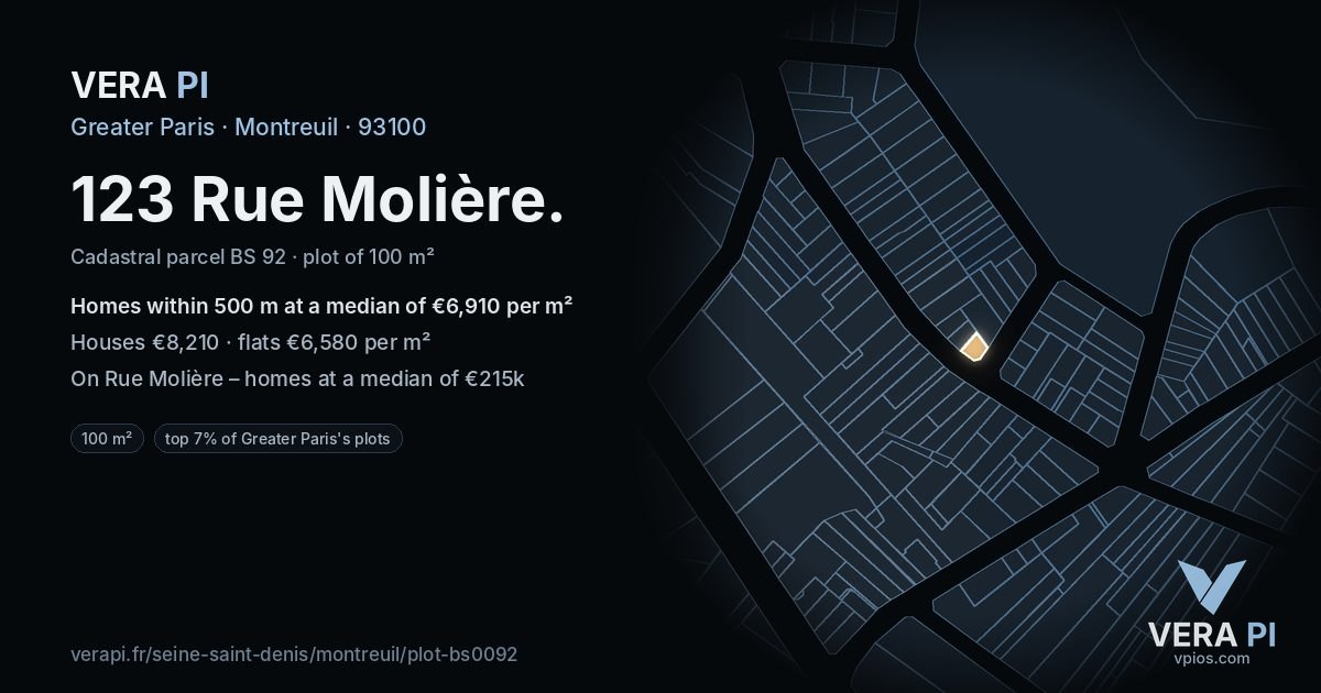 123 Rue Molière, Montreuil at night – the plot lit, the parcels around coloured by the prices near them