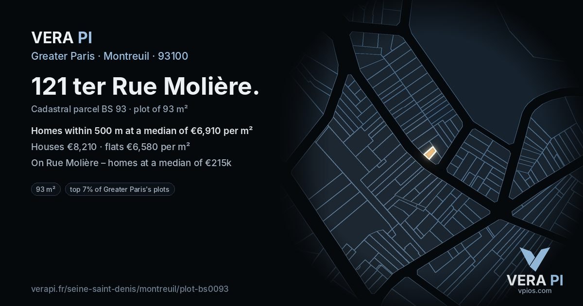 121 ter Rue Molière, Montreuil at night – the plot lit, the parcels around coloured by the prices near them