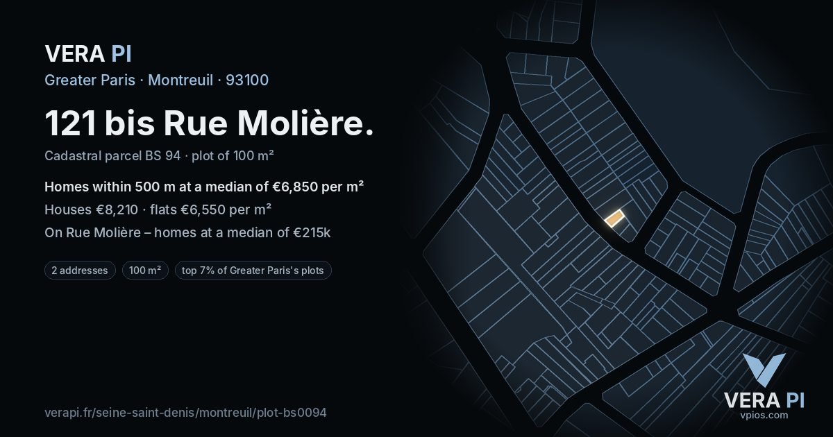 121 bis Rue Molière, Montreuil at night – the plot lit, the parcels around coloured by the prices near them