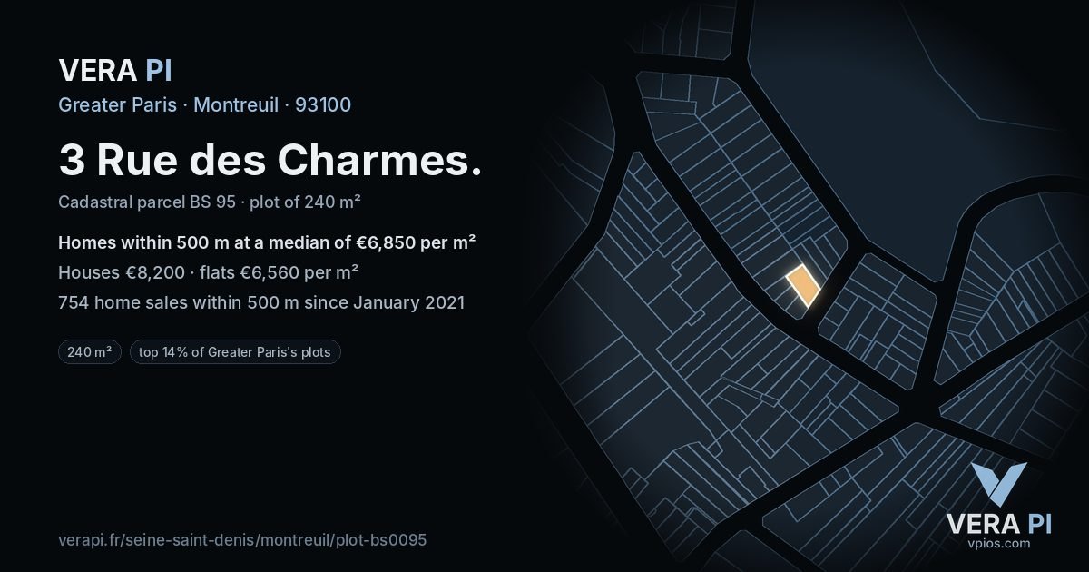 3 Rue des Charmes, Montreuil at night – the plot lit, the parcels around coloured by the prices near them