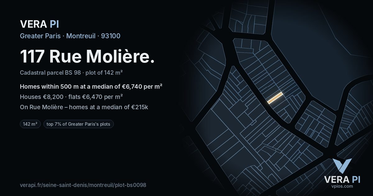 117 Rue Molière, Montreuil at night – the plot lit, the parcels around coloured by the prices near them