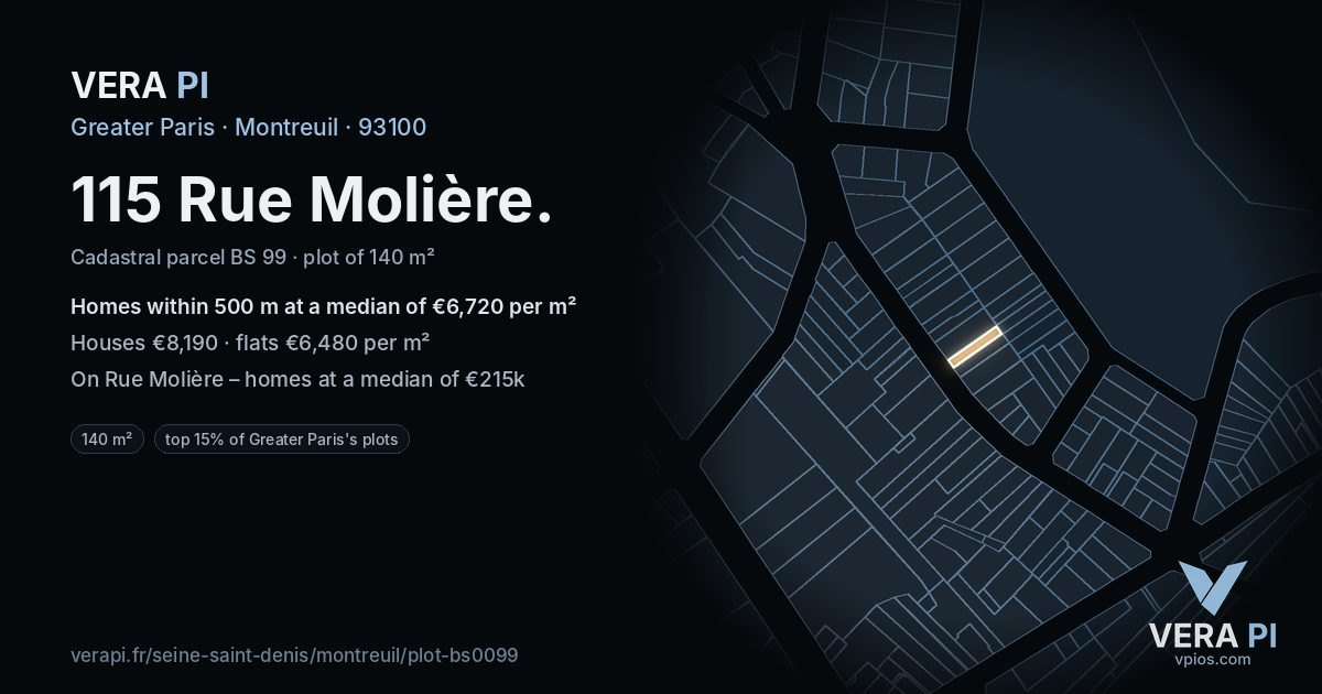 115 Rue Molière, Montreuil at night – the plot lit, the parcels around coloured by the prices near them