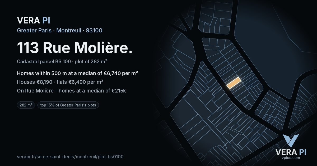113 Rue Molière, Montreuil at night – the plot lit, the parcels around coloured by the prices near them