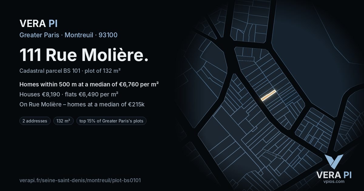 111 Rue Molière, Montreuil at night – the plot lit, the parcels around coloured by the prices near them