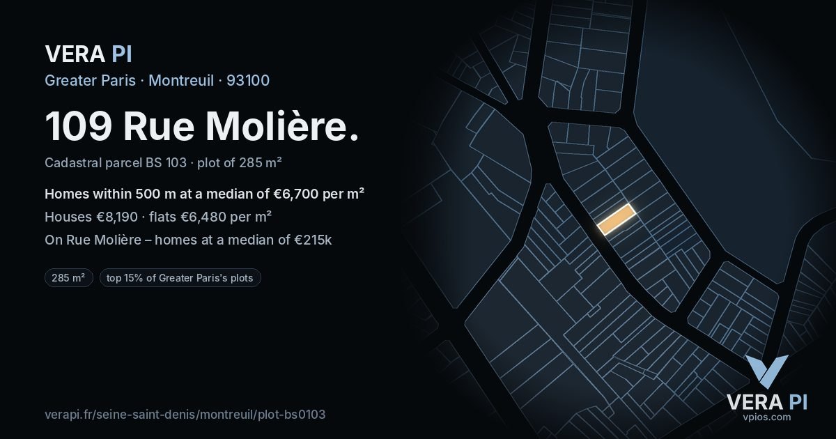 109 Rue Molière, Montreuil at night – the plot lit, the parcels around coloured by the prices near them