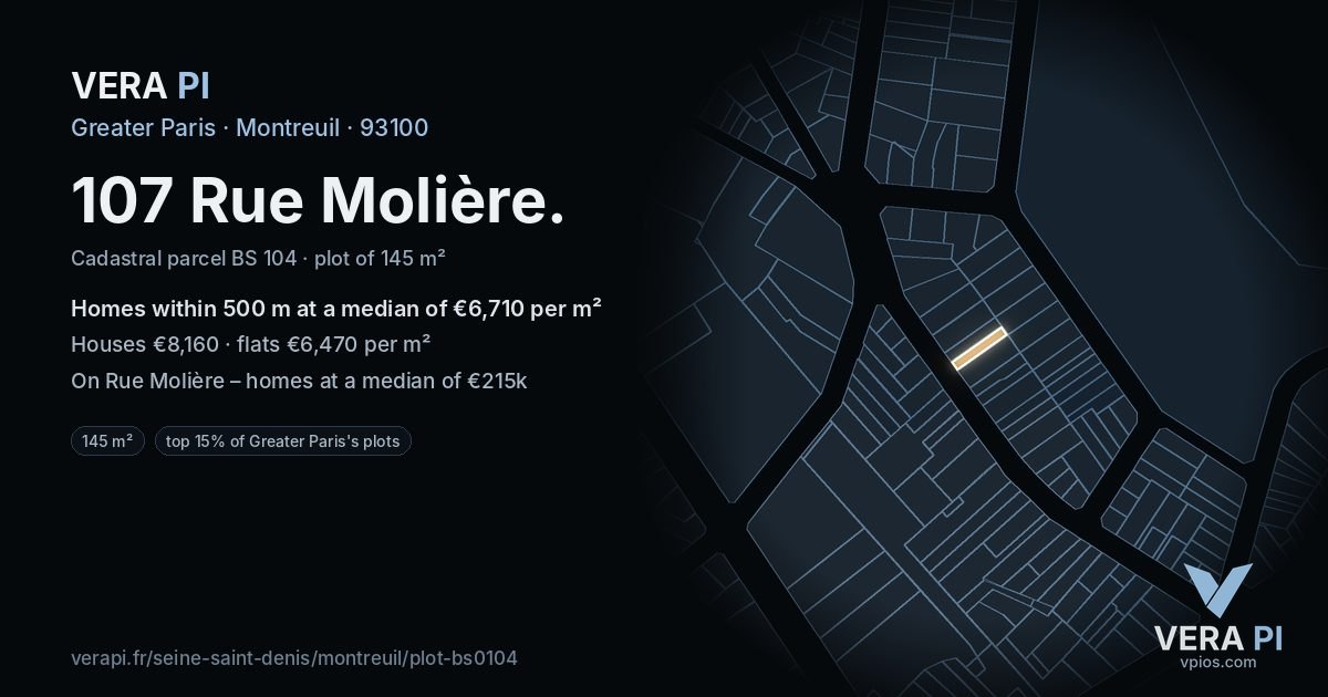 107 Rue Molière, Montreuil at night – the plot lit, the parcels around coloured by the prices near them
