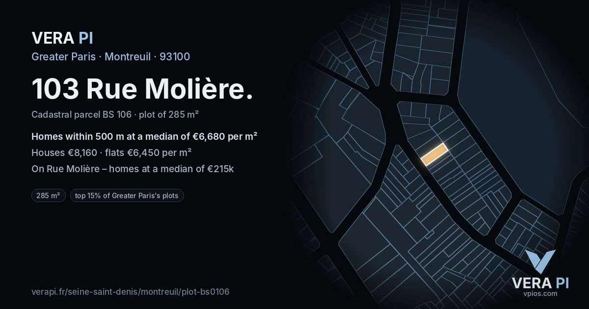 103 Rue Molière, Montreuil at night – the plot lit, the parcels around coloured by the prices near them