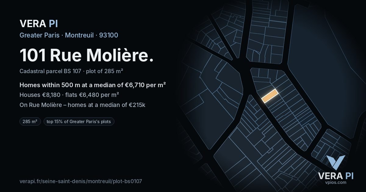 101 Rue Molière, Montreuil at night – the plot lit, the parcels around coloured by the prices near them