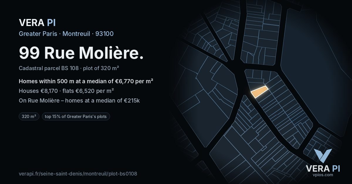 99 Rue Molière, Montreuil at night – the plot lit, the parcels around coloured by the prices near them