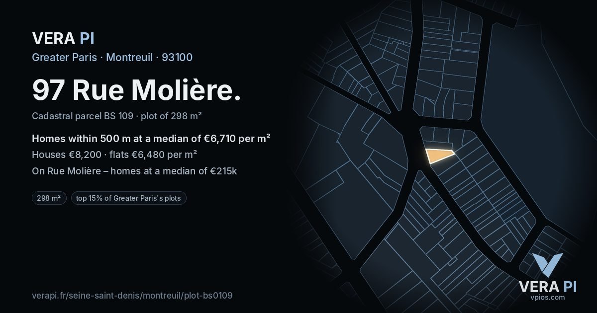 97 Rue Molière, Montreuil at night – the plot lit, the parcels around coloured by the prices near them