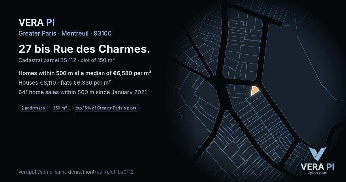27 bis Rue des Charmes, Montreuil at night – the plot lit, the parcels around coloured by the prices near them