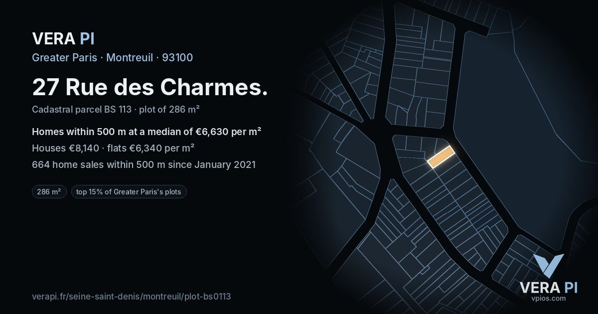 27 Rue des Charmes, Montreuil at night – the plot lit, the parcels around coloured by the prices near them