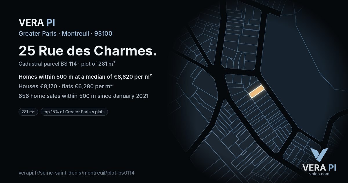 25 Rue des Charmes, Montreuil at night – the plot lit, the parcels around coloured by the prices near them