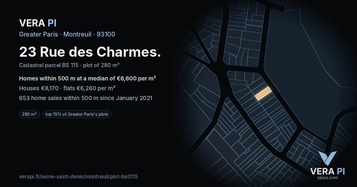 23 Rue des Charmes, Montreuil at night – the plot lit, the parcels around coloured by the prices near them