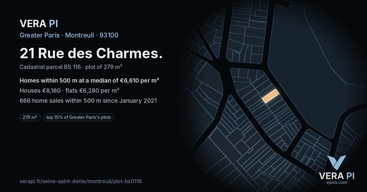 21 Rue des Charmes, Montreuil at night – the plot lit, the parcels around coloured by the prices near them