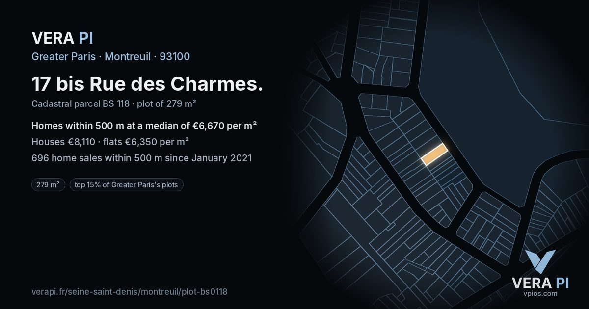 17 bis Rue des Charmes, Montreuil at night – the plot lit, the parcels around coloured by the prices near them
