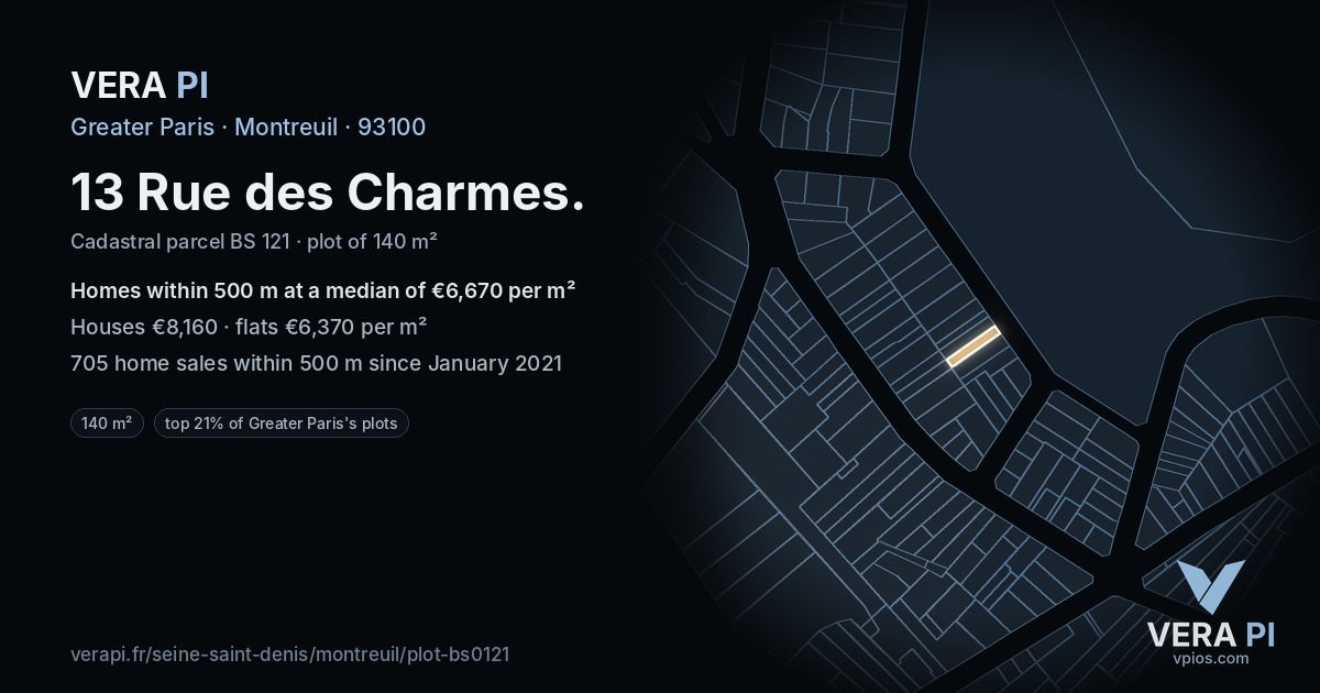 13 Rue des Charmes, Montreuil at night – the plot lit, the parcels around coloured by the prices near them