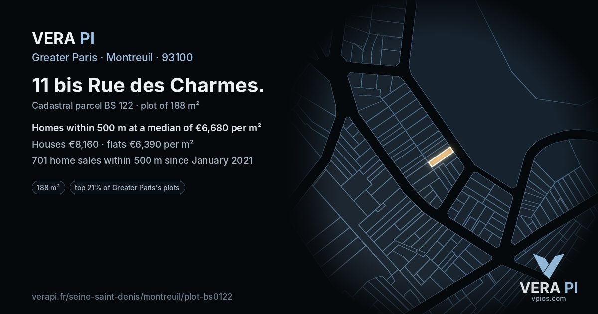 11 bis Rue des Charmes, Montreuil at night – the plot lit, the parcels around coloured by the prices near them