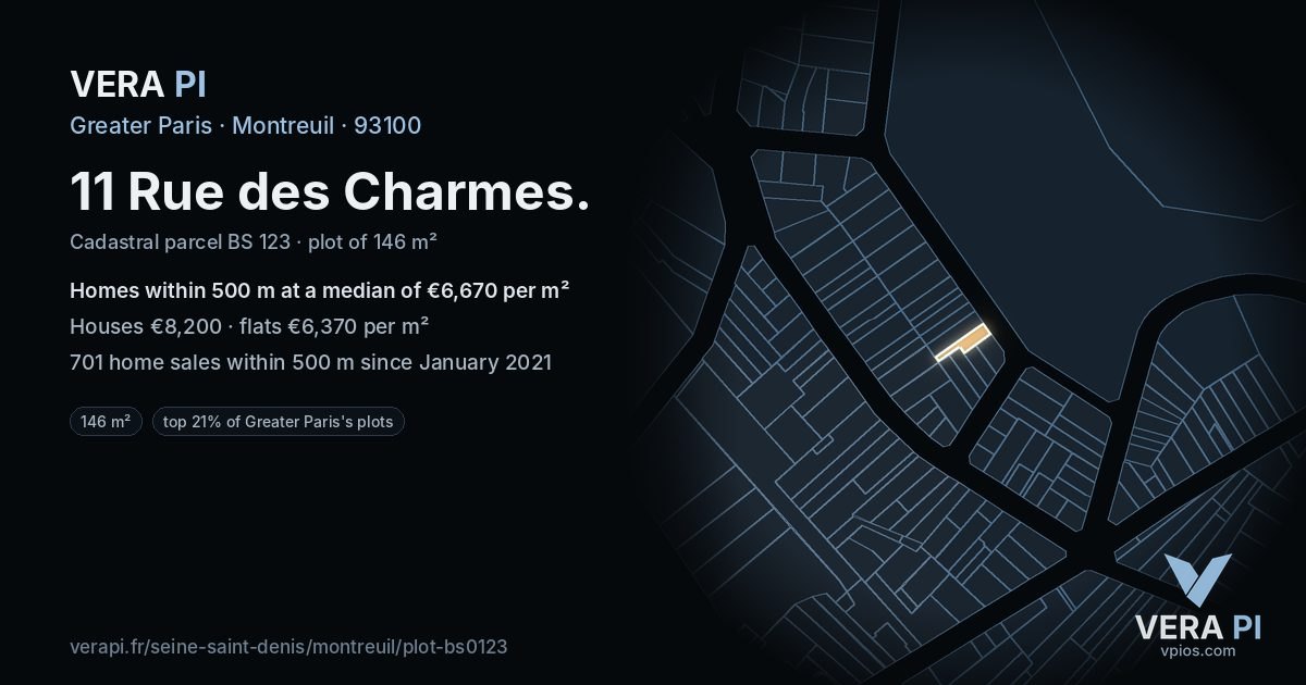 11 Rue des Charmes, Montreuil at night – the plot lit, the parcels around coloured by the prices near them