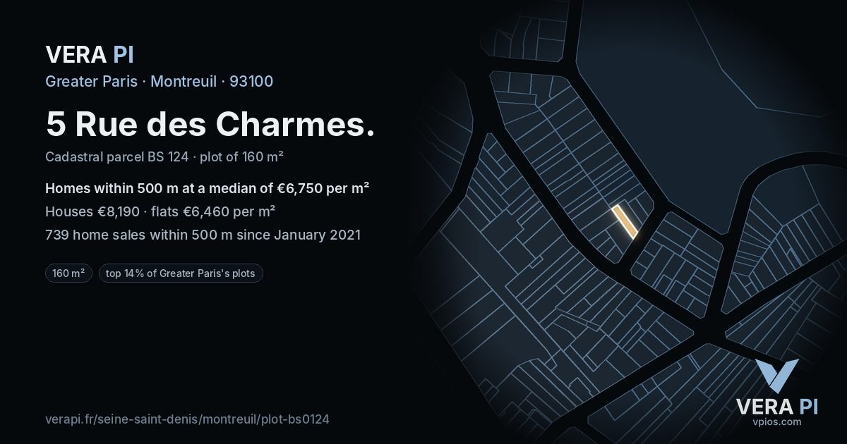 5 Rue des Charmes, Montreuil at night – the plot lit, the parcels around coloured by the prices near them