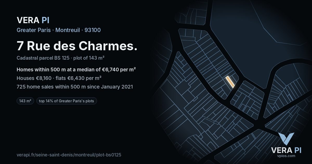 7 Rue des Charmes, Montreuil at night – the plot lit, the parcels around coloured by the prices near them