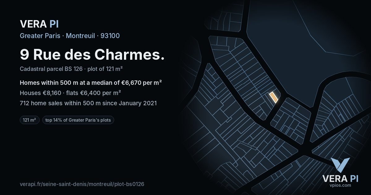 9 Rue des Charmes, Montreuil at night – the plot lit, the parcels around coloured by the prices near them