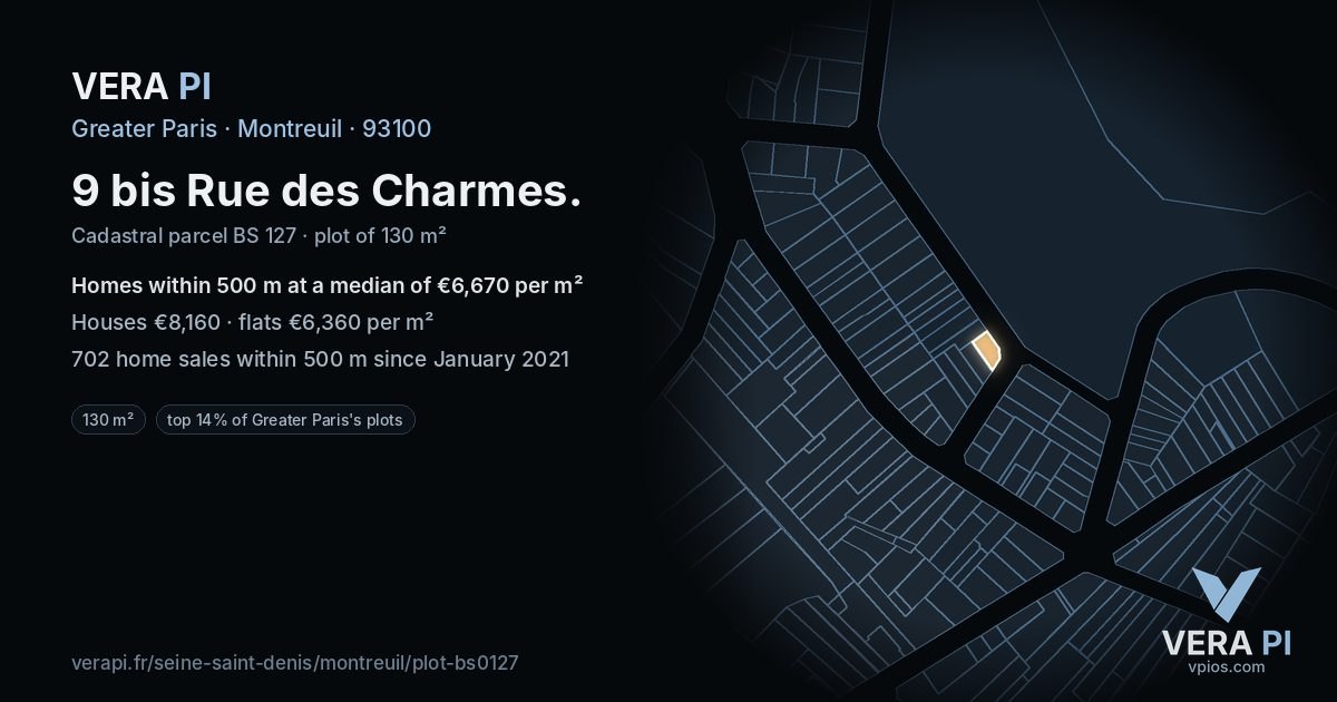 9 bis Rue des Charmes, Montreuil at night – the plot lit, the parcels around coloured by the prices near them