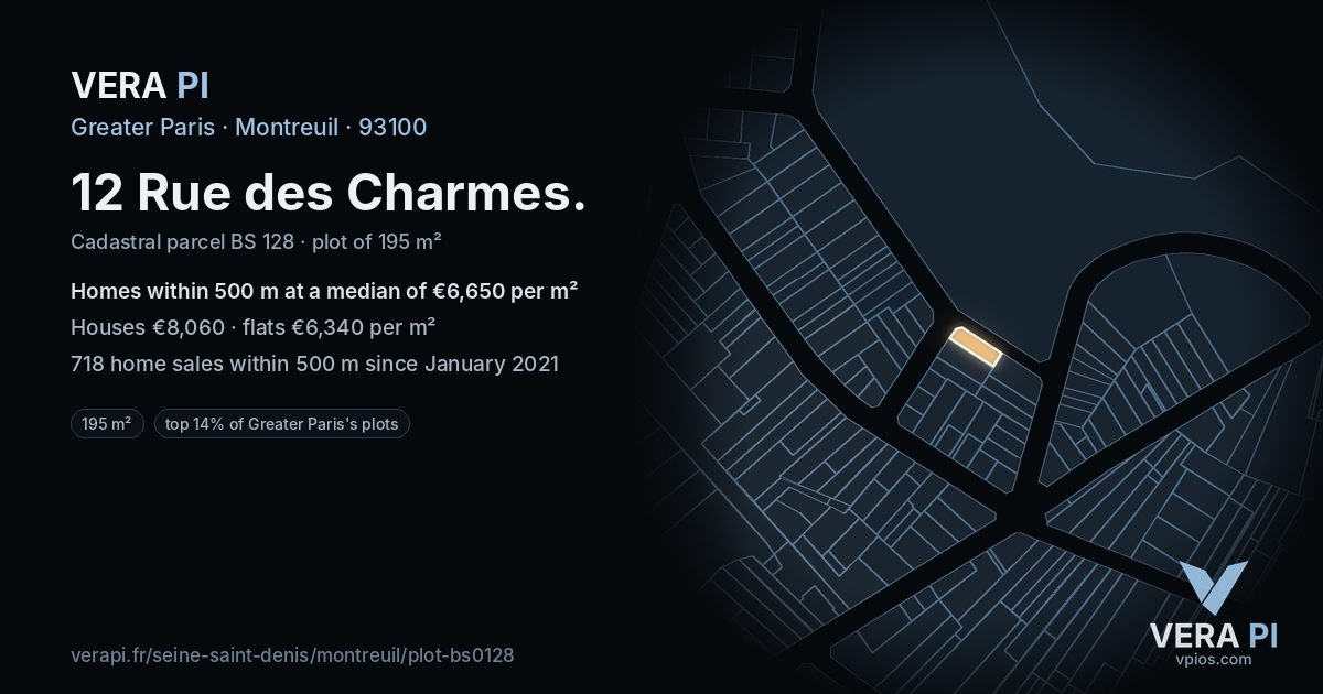 12 Rue des Charmes, Montreuil at night – the plot lit, the parcels around coloured by the prices near them