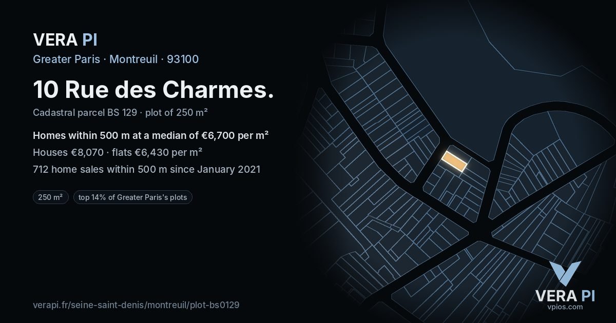 10 Rue des Charmes, Montreuil at night – the plot lit, the parcels around coloured by the prices near them
