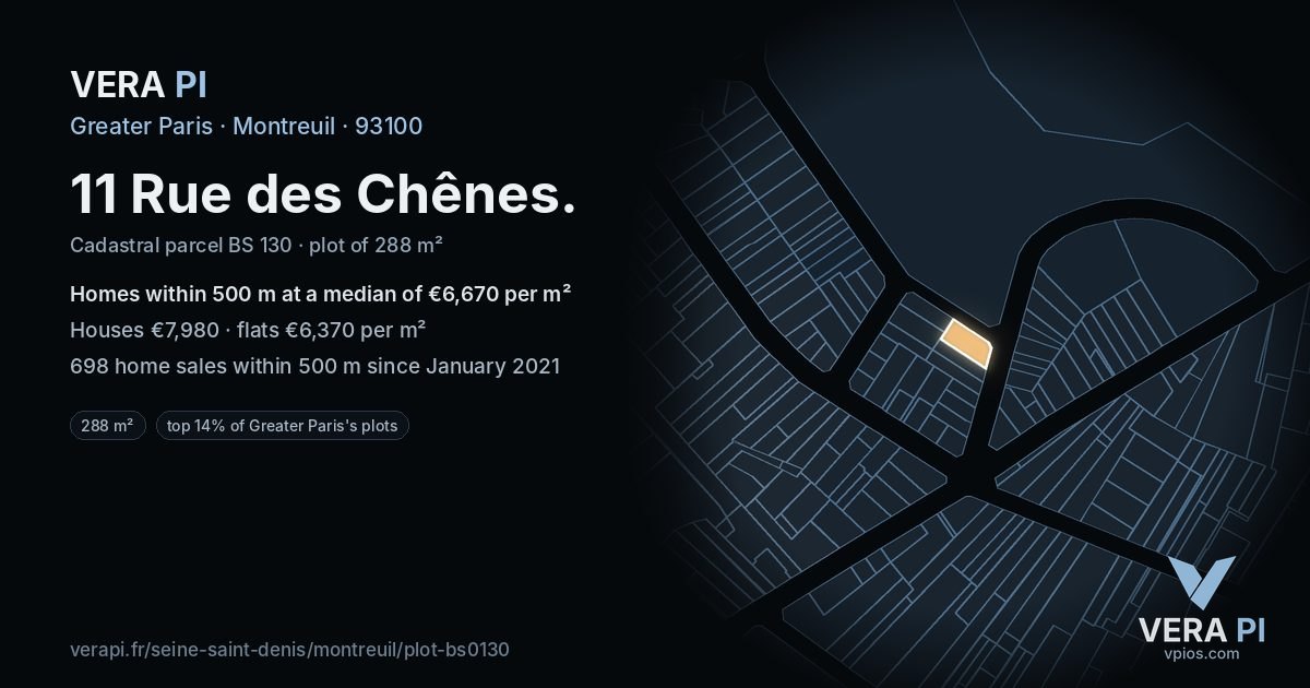 11 Rue des Chênes, Montreuil at night – the plot lit, the parcels around coloured by the prices near them
