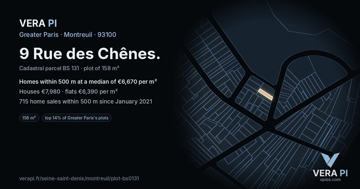 9 Rue des Chênes, Montreuil at night – the plot lit, the parcels around coloured by the prices near them