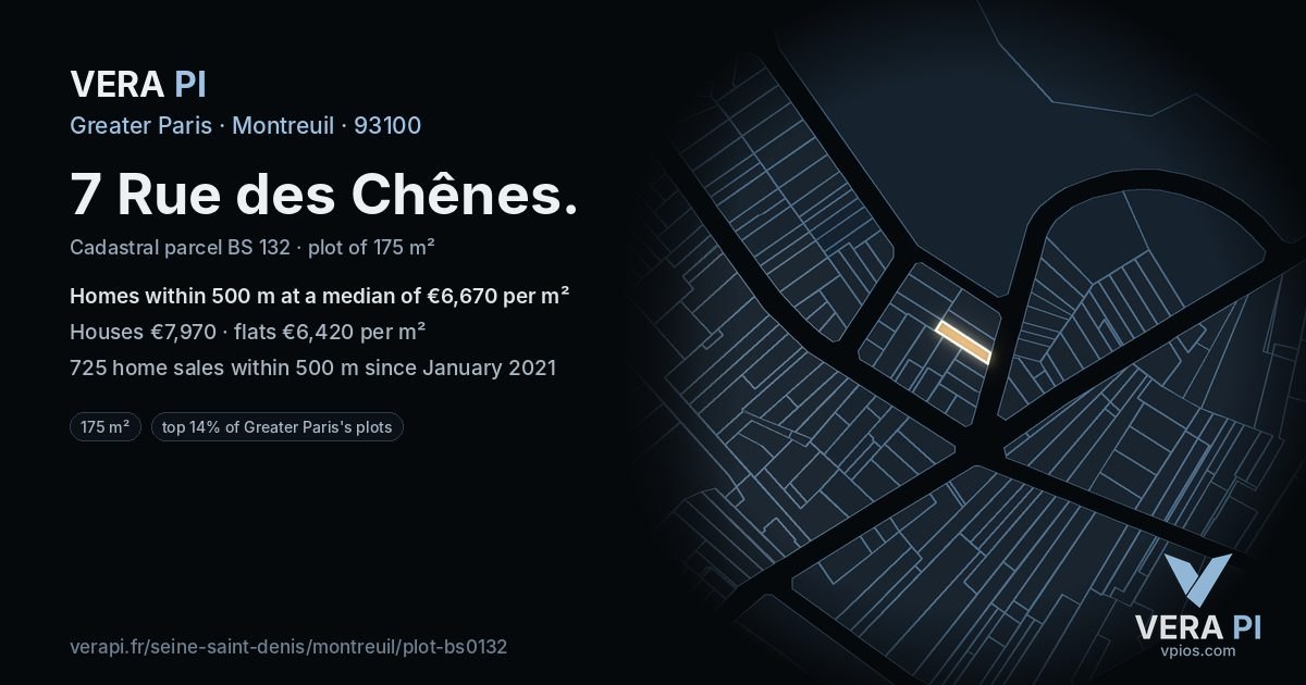 7 Rue des Chênes, Montreuil at night – the plot lit, the parcels around coloured by the prices near them